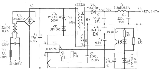 TOP224P構(gòu)成的12V、20W開關(guān)直流穩(wěn)壓電源電路